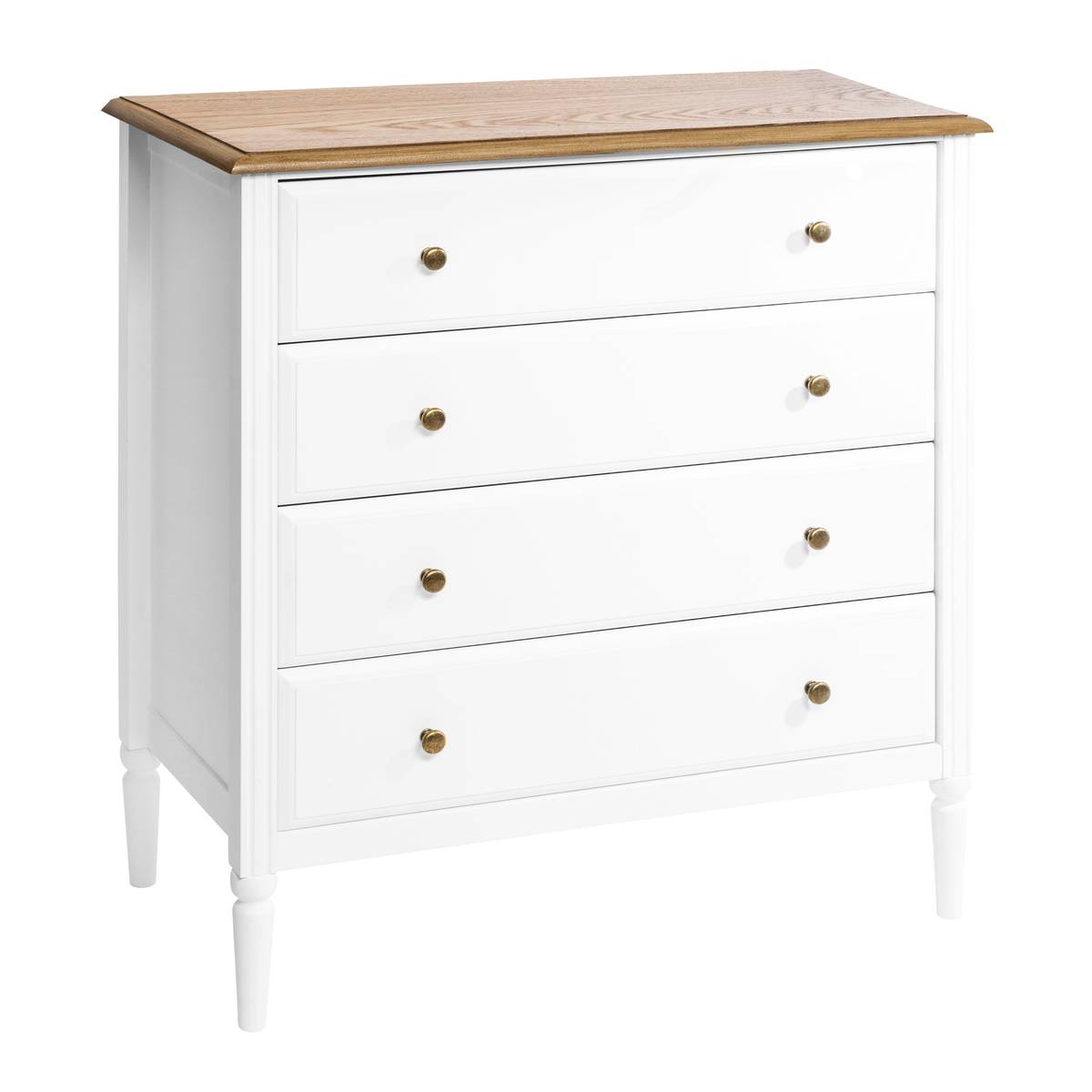 Commode 4 tiroirs blanche plateau effet bois poignées dorées L80 cm