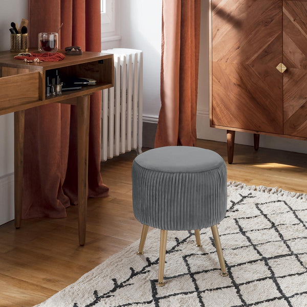 Taburete redondo de pana color gris con patas doradas Ø35 cm