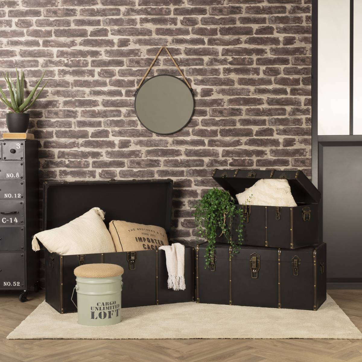 Lot de 3 malles de rangement noires motif fleuri