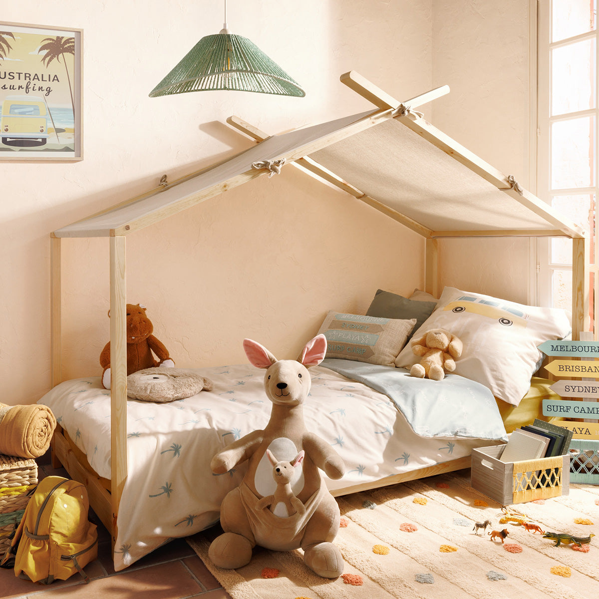 Lit cabane tente enfant 90 x 190 cm pin naturel