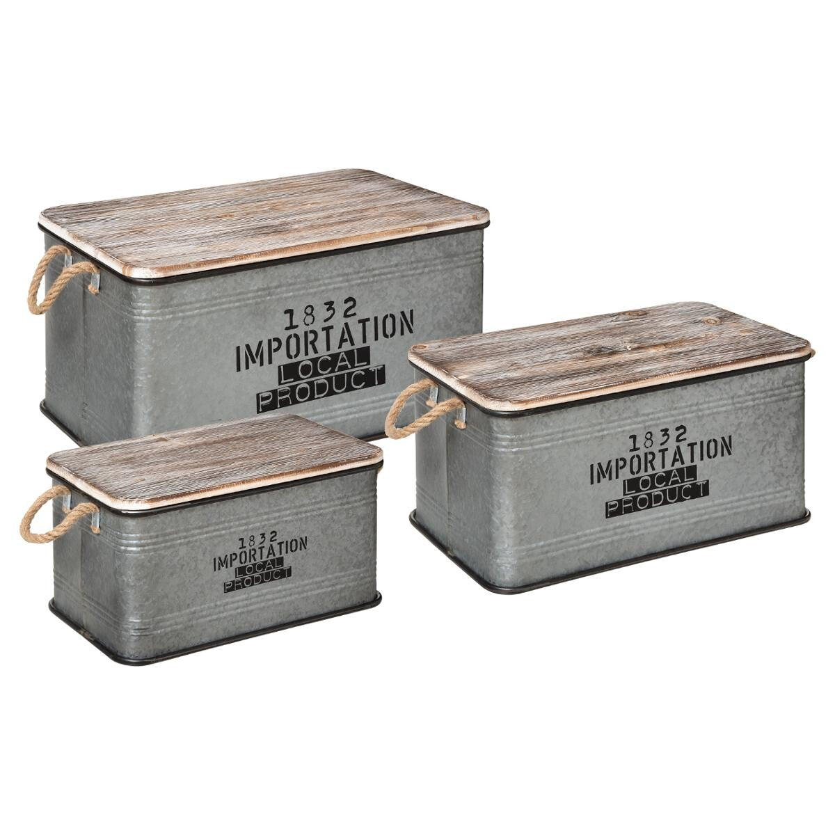 Lot de 3 malles de rangement métal gris et couvercle bois