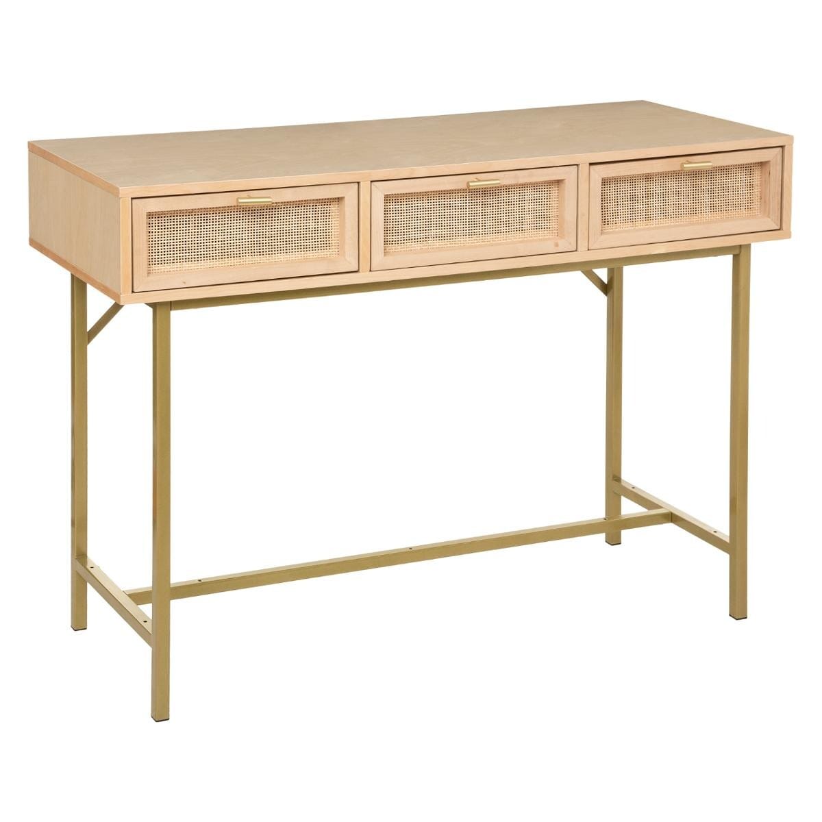 Bureau 3 tiroirs en métal et cannage 110x40