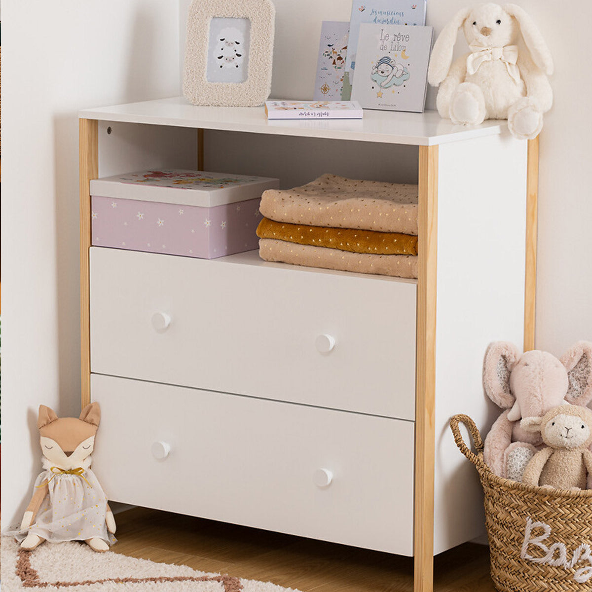 Commode enfant 2 tiroirs et niches blanc et bois L85 cm