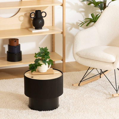 Mesa auxiliar negra acanalada con bandeja extraíble efecto madera Ø 38 cm