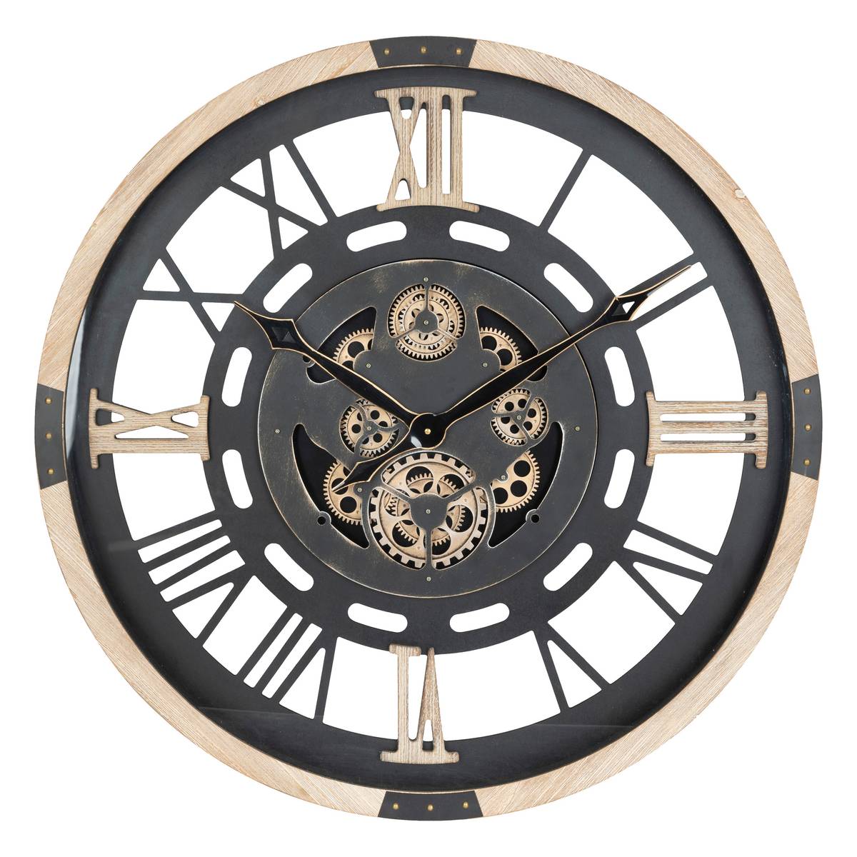 Horloge murale squelette à engrenages mobiles noire et dorée D80 cm
