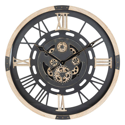 Horloge murale squelette à engrenages mobiles noire et dorée D80 cm