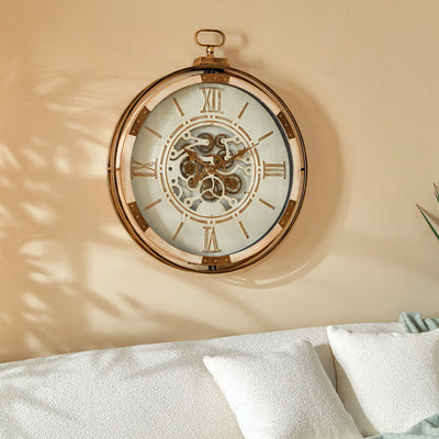 Horloge gousset à mécanisme apparent crème et dorée D74 cm