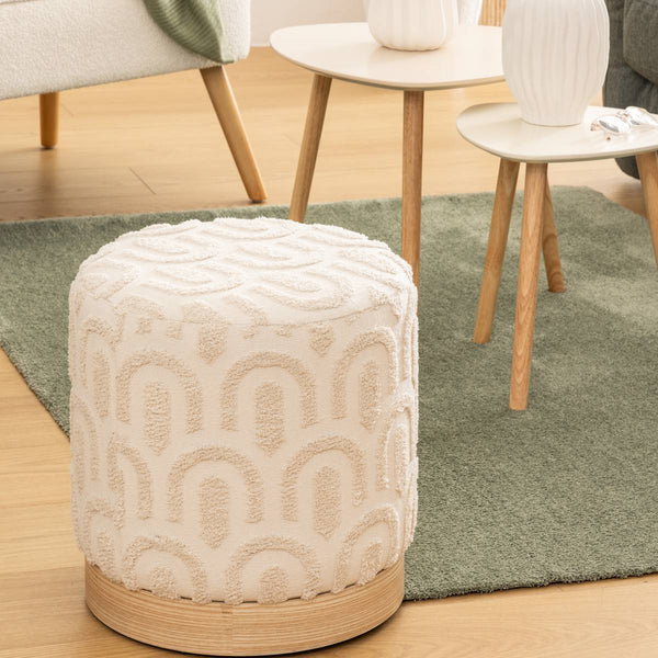 Puf redondo capitoné blanco con motivos de arcos y base de madera Ø 38 cm