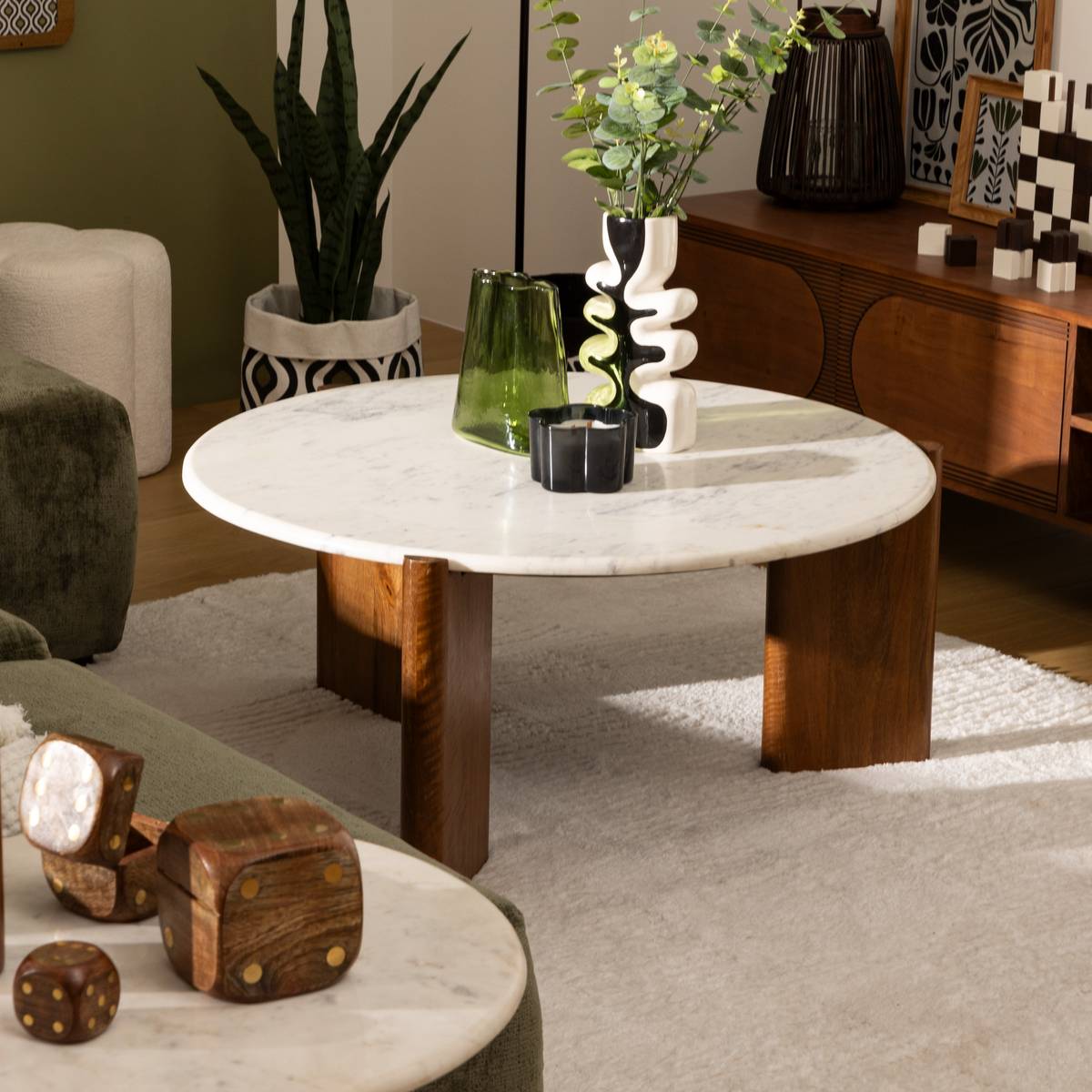 Table basse ronde plateau marbre blanc et pieds en manguier massif D92 cm