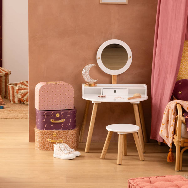 Coiffeuse enfant avec miroir et tabouret blanc et bois