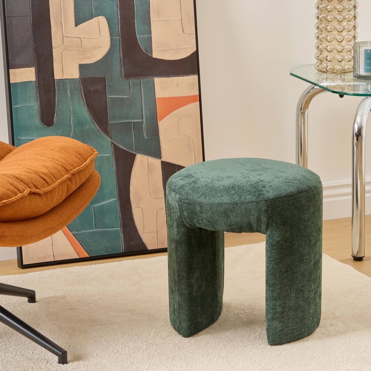 Pouf rond arche en tissu vert cèdre D38 cm
