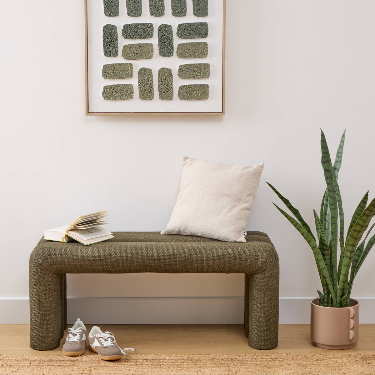 Banc rembourré en tissu bouclé kaki aux lignes arrondies L102 cm