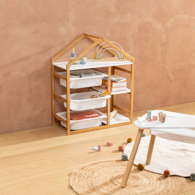 Bibliothèque enfant forme maison avec bacs pin et blanc