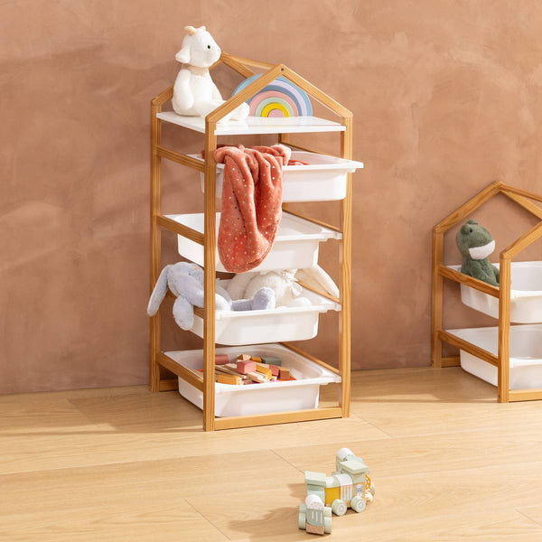 Meuble de rangement enfant 3 bacs forme maison pin et blanc