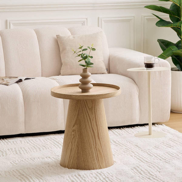 Mesa auxiliar redonda de madera natural con bandeja con borde Ø45 cm