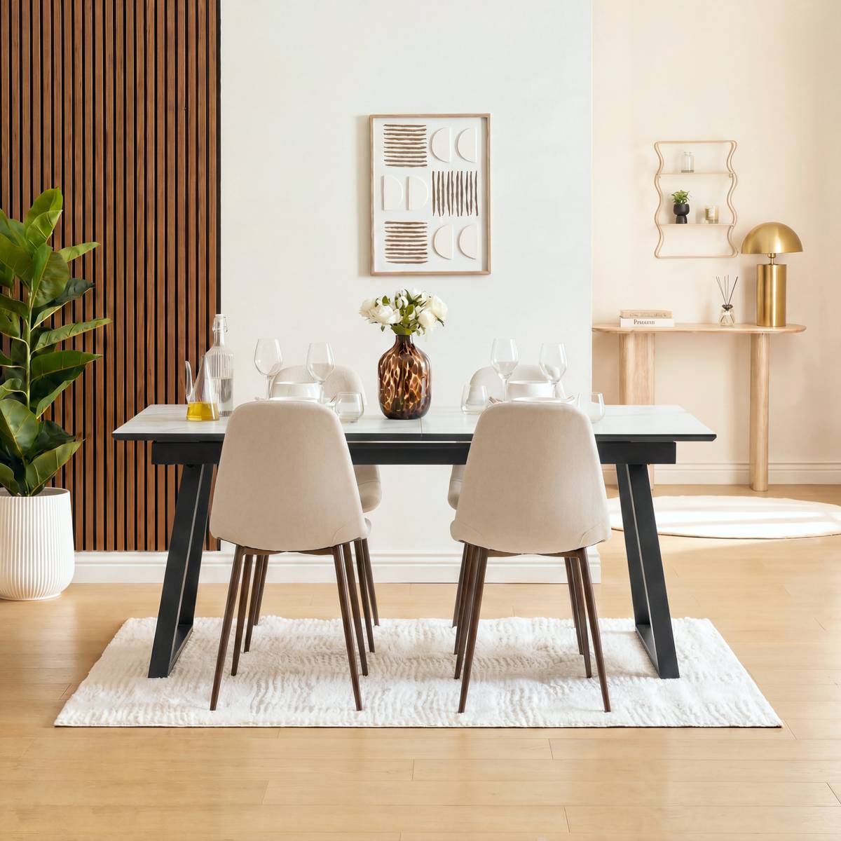 Table à manger extensible effet marbre blanc pieds métal noir 6 à 8 personnes L160-200 x P90 cm