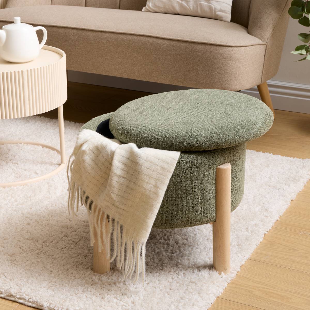 Pouf coffre de rangement rond en chenille kaki pieds en bois D45 cm