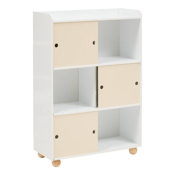 Meuble de rangement enfant 3 portes coulissantes beige et blanc