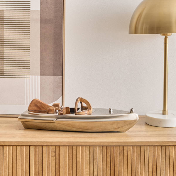 Bateau décoratif blanc et marron en aluminium et bois, 45 cm
