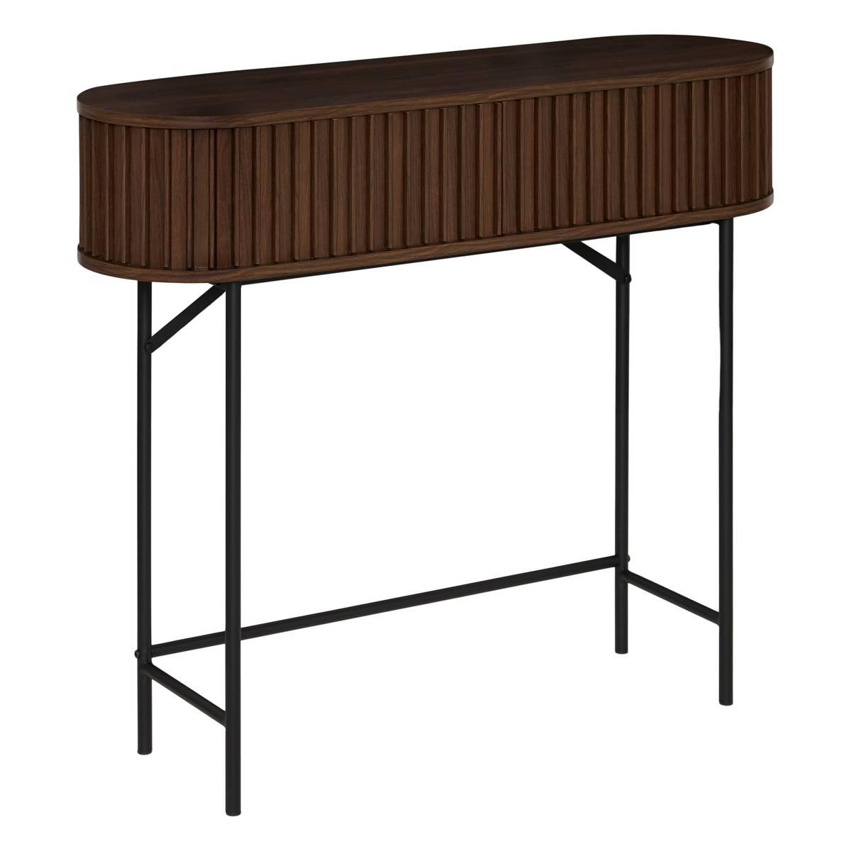 Console arrondie effet noyer portes coulissantes à lattes pieds métal noir L100 cm