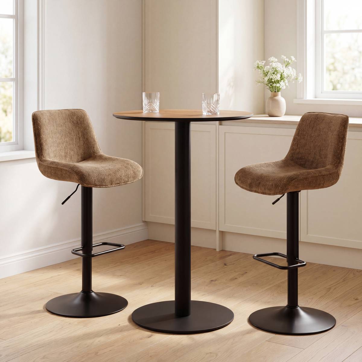 Table haute de bar ronde effet chêne pied central métal D70 cm