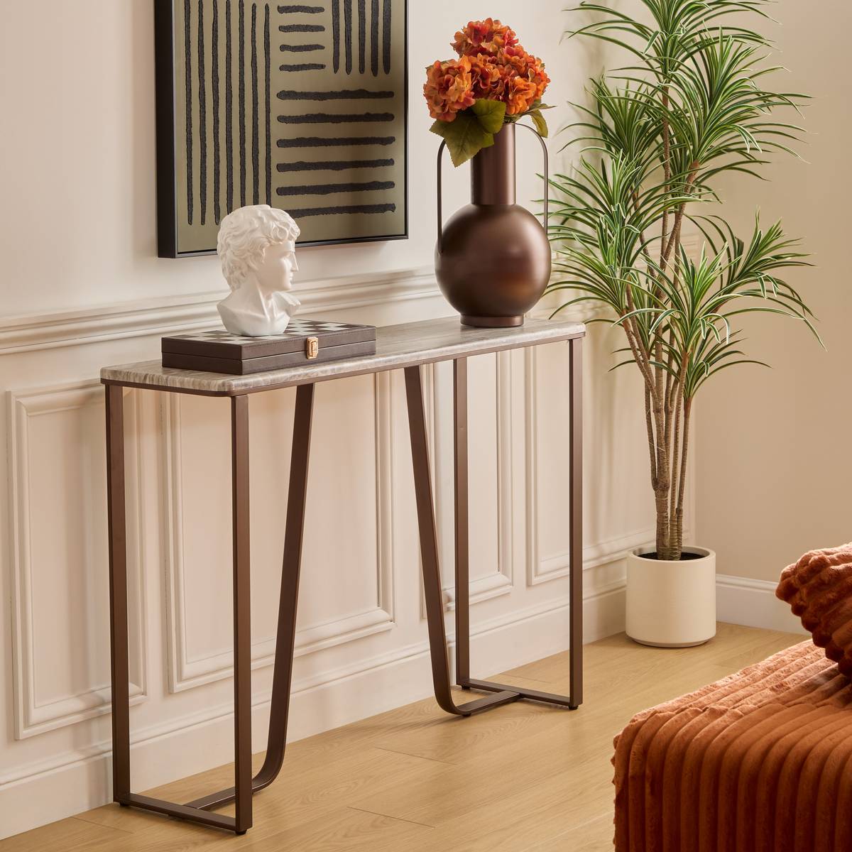 Console plateau effet marbre et pieds métal chocolat L120 cm