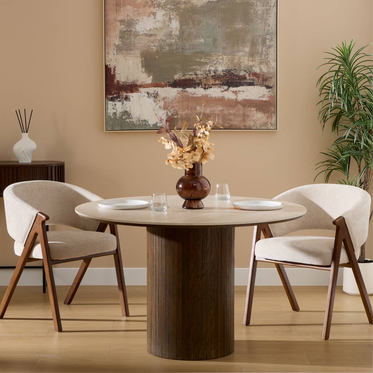 Table à manger ronde plateau céramique beige pied colonne effet noyer D120 cm