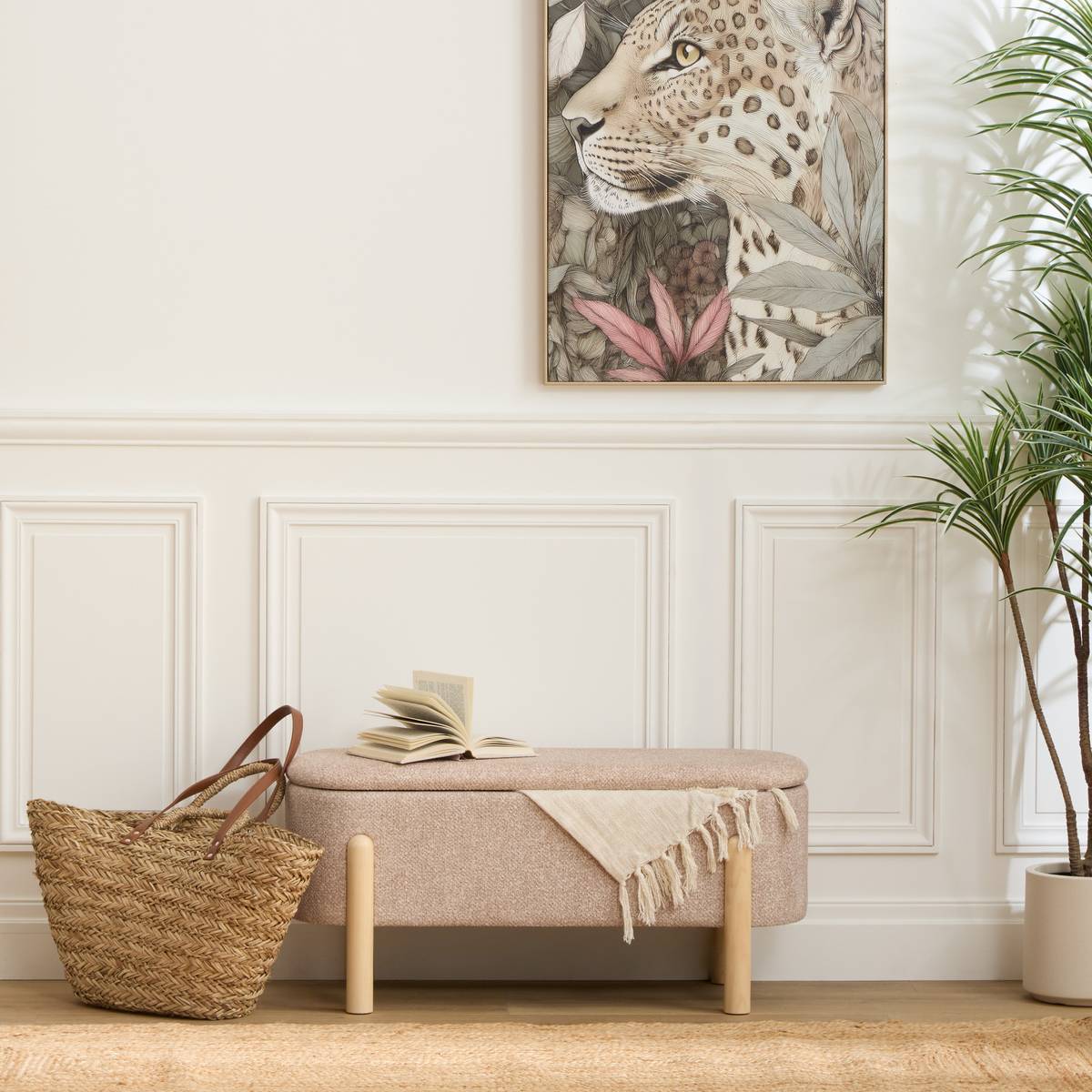 Banc coffre de rangement en tissu beige pieds en bois L86 cm