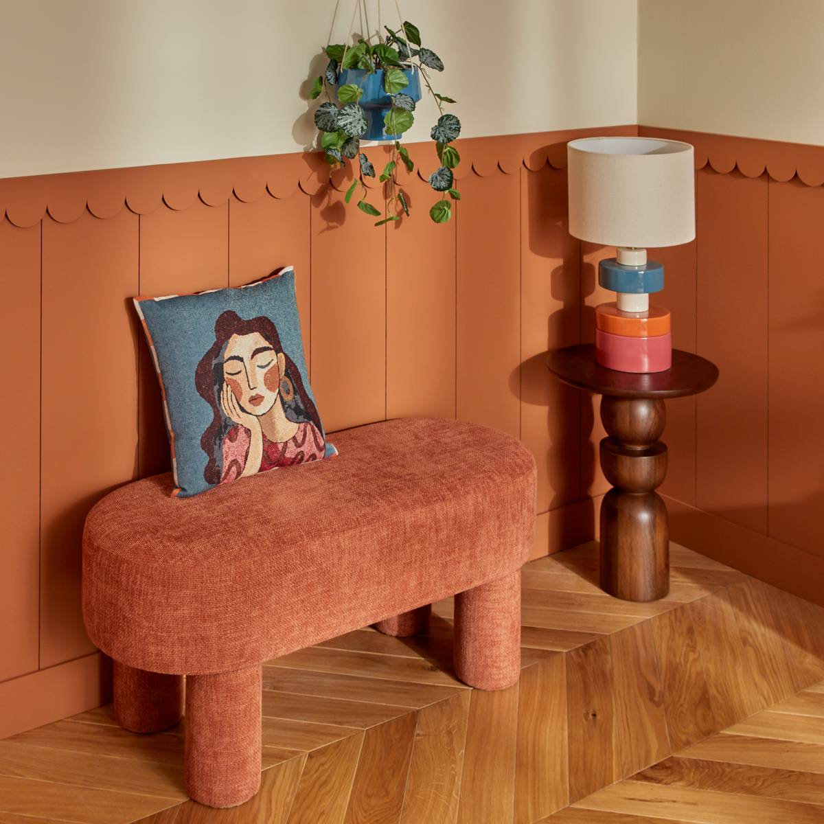Banc rembourré en tissu chenille ambre pieds arrondis L96 cm