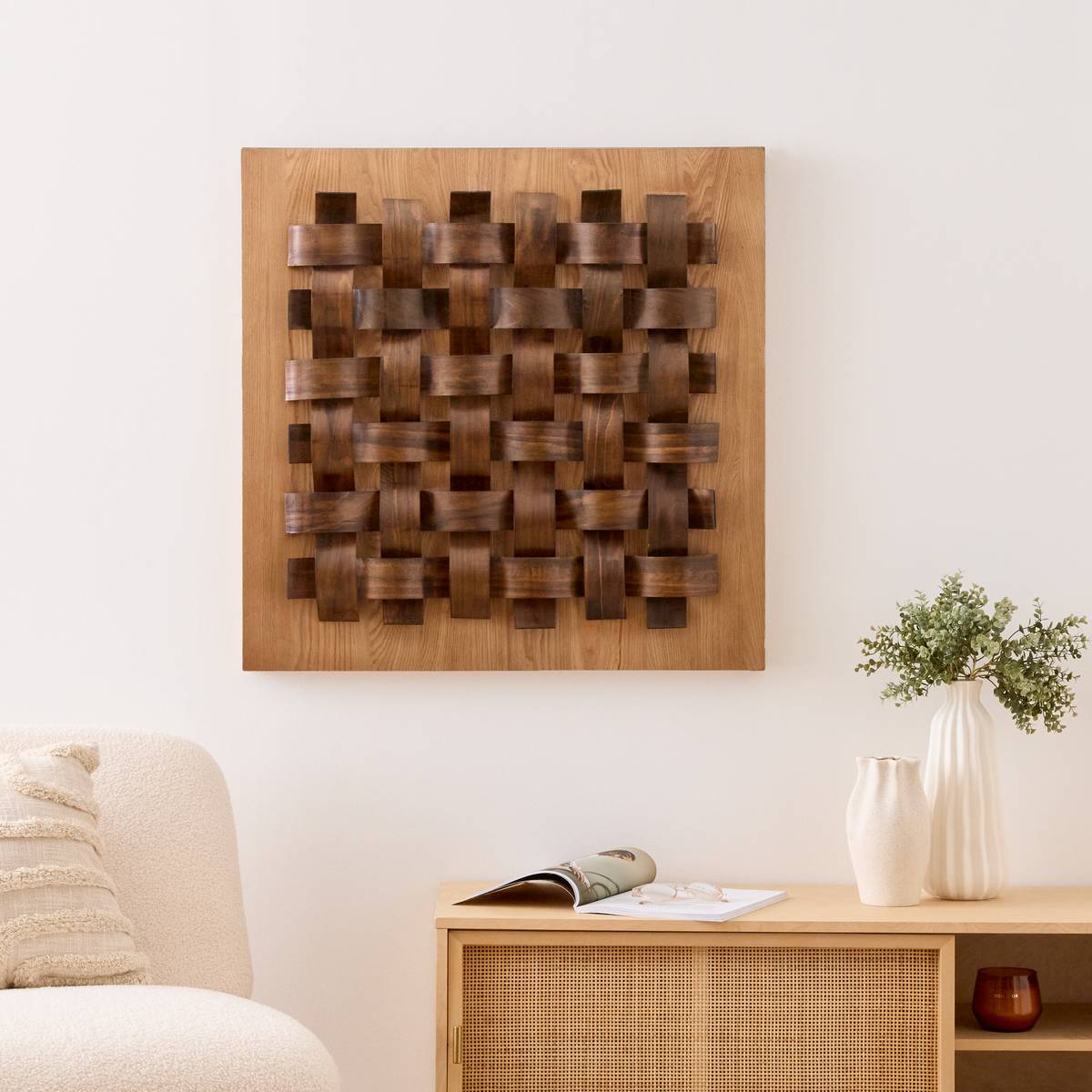 Décoration murale en bois relief tressé marron 76 x 76 cm