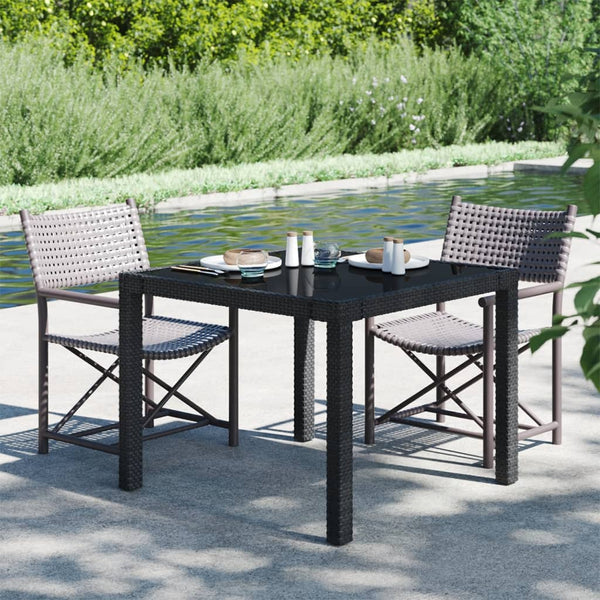 Table à manger d’extérieur/jardin noire en verre et résine tressée 90x90
