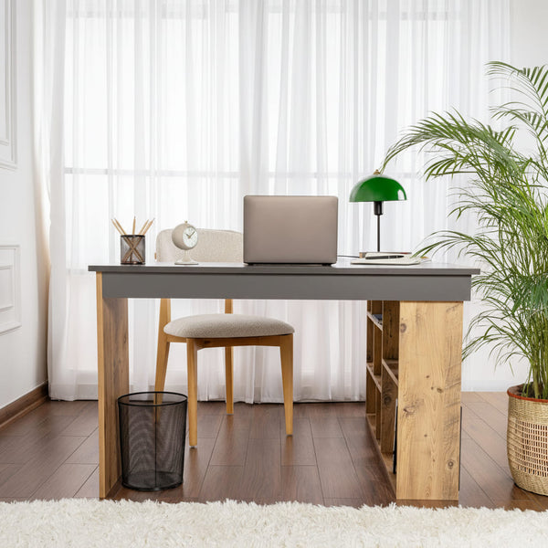 Bureau d'angle avec rangements en bois anthracite et pin L130 cm