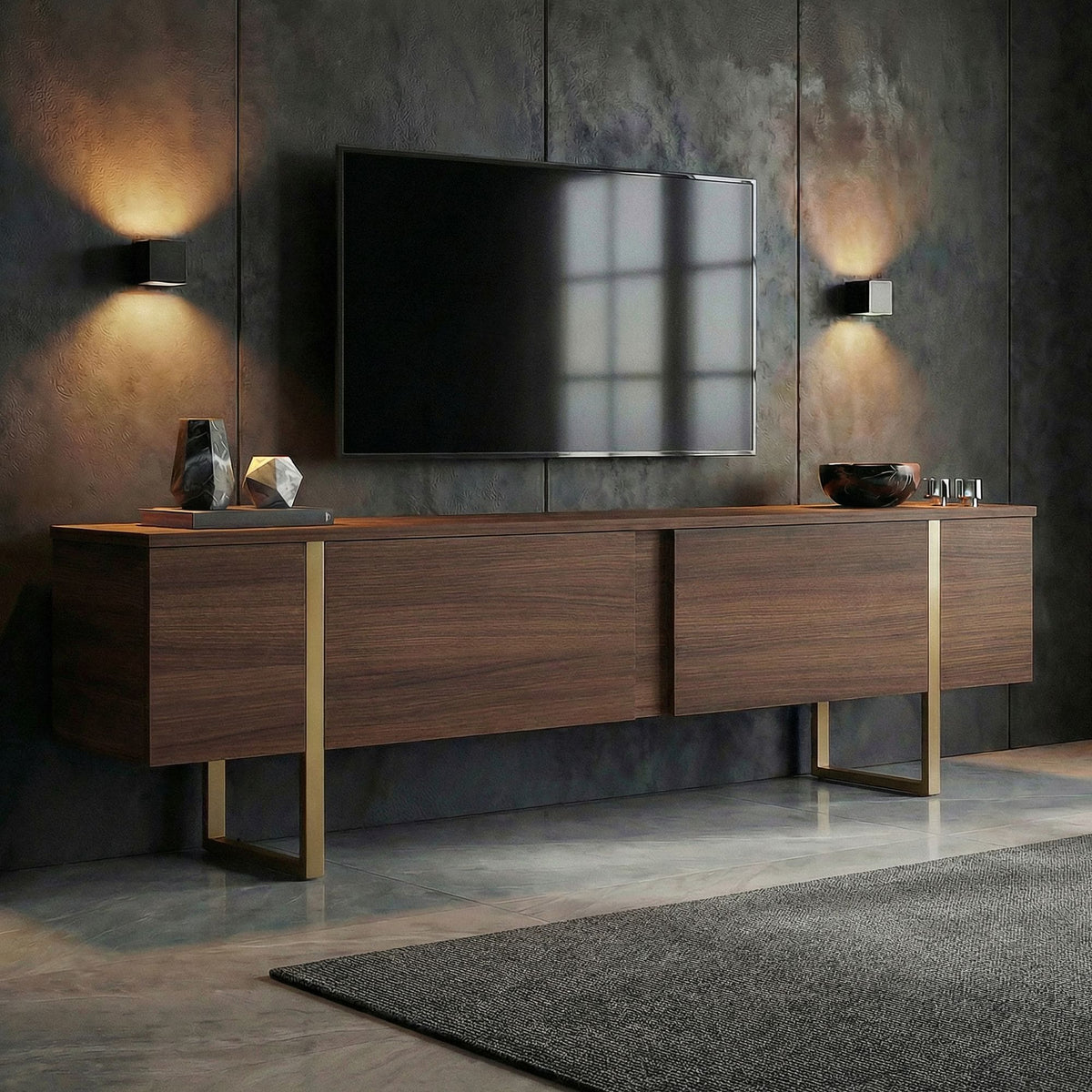 Meuble tv en bois foncé pied doré L180