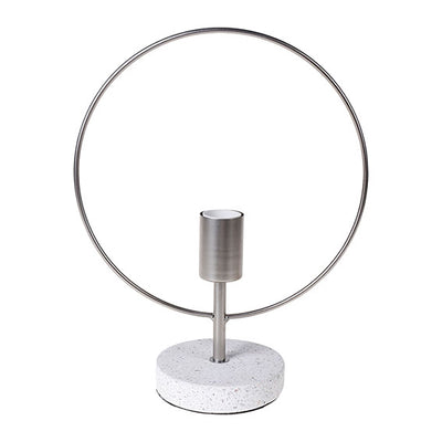 Lampe cercle métal argenté base pierre