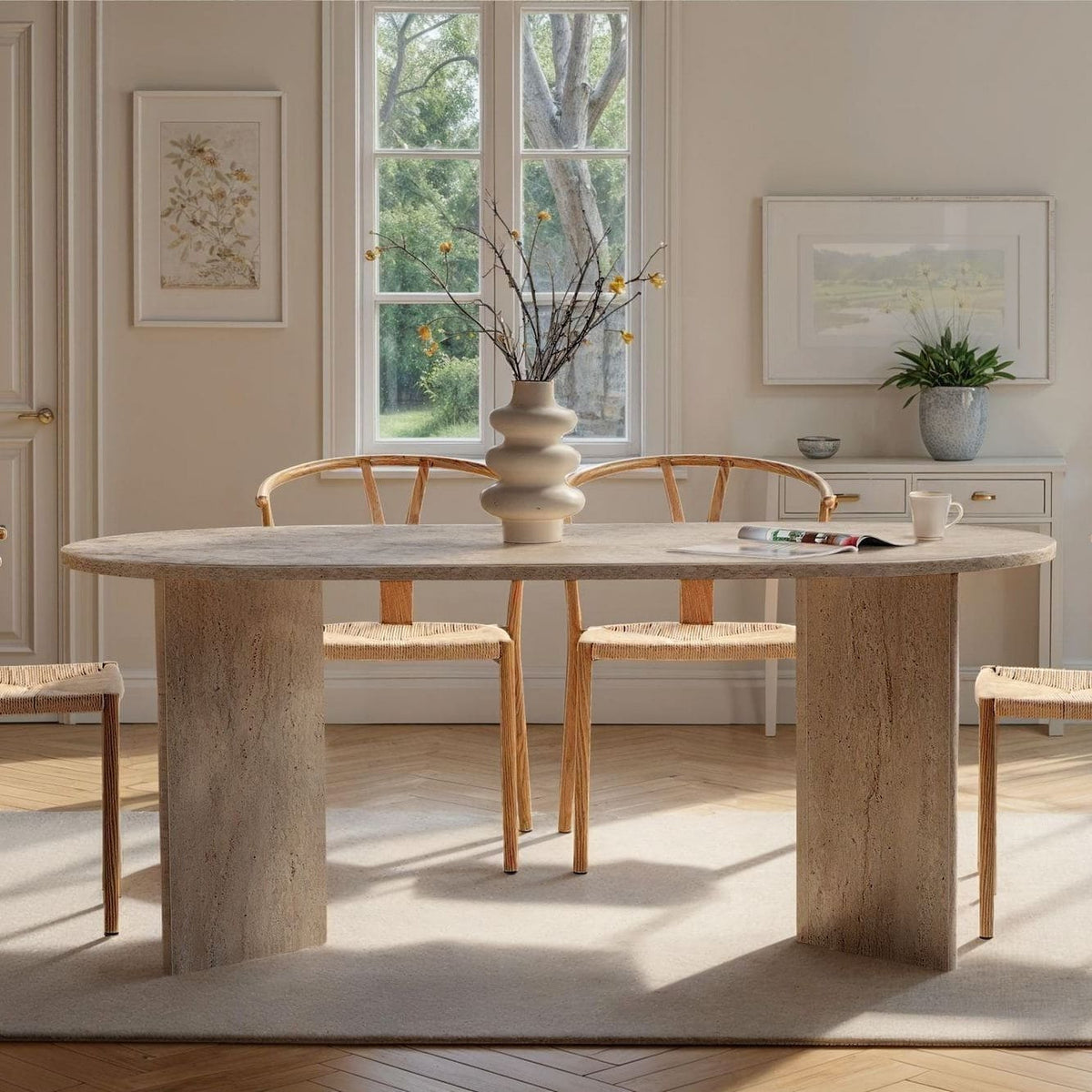 Table de salle à manger ovale - 180x90x75cm - bois effet travertin