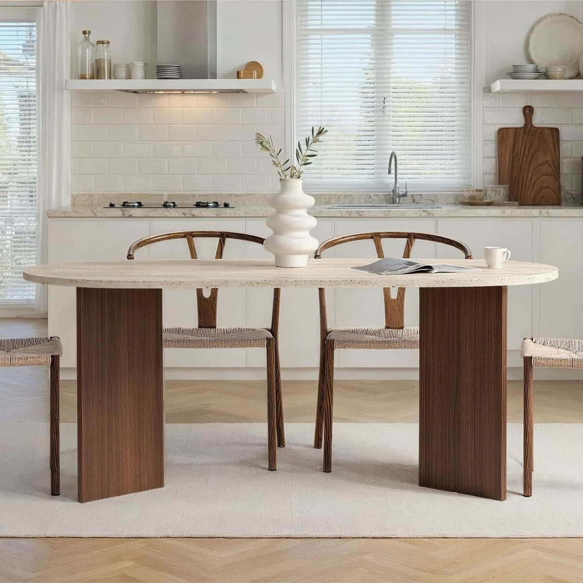 Table de salle à manger ovale - 180x90x75cm - effet travertin