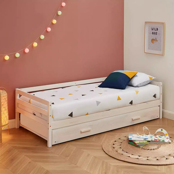 Lit gigogne 2 x 90 x 190 cm - Pin massif et MDF - Blanchi