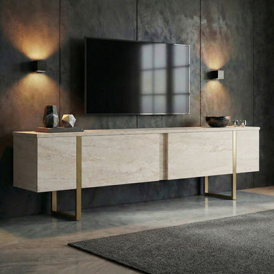 Meuble tv en bois effet travertin pied doré L180