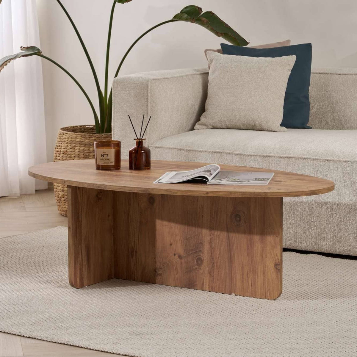 Mesa de centro ovalada efecto madera mediana L120