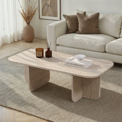 Table basse en bois effet travertin L120