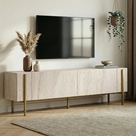Meuble tv en bois effet travertin pied doré L180