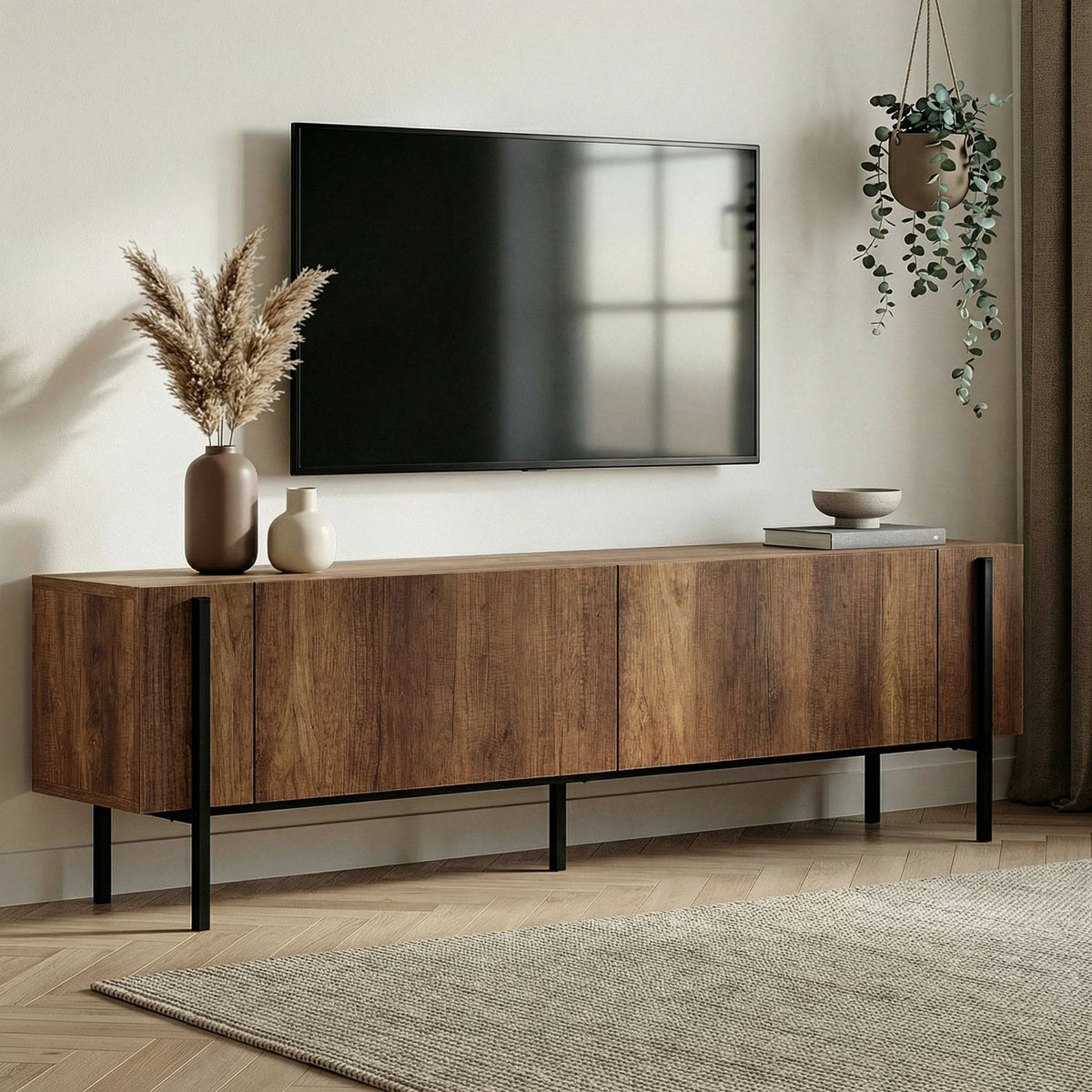 Meuble tv en bois foncé pied noir L180
