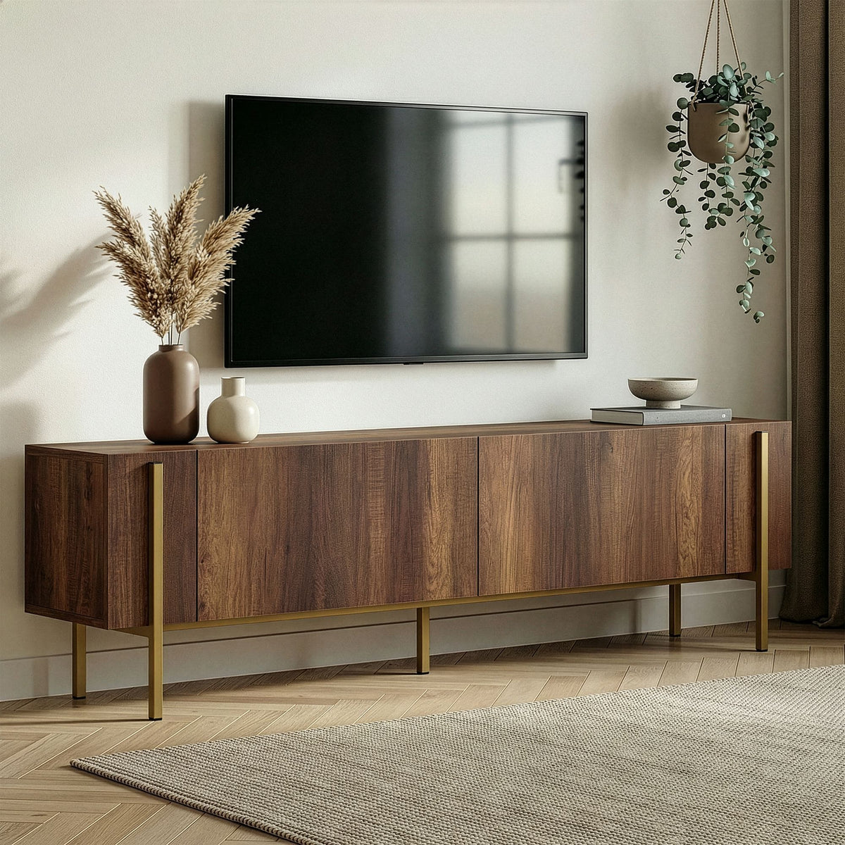 Meuble tv en bois foncé pied doré L180