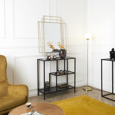 Étagère basse industrielle en métal noir et verre fumé L80 cm