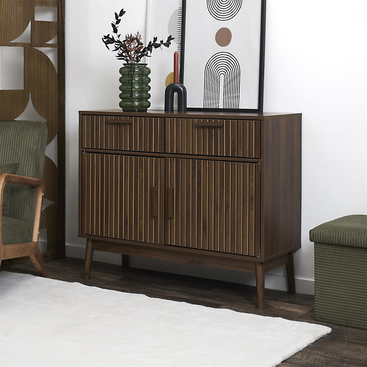 Buffet bois foncé façade rainurée L100 cm
