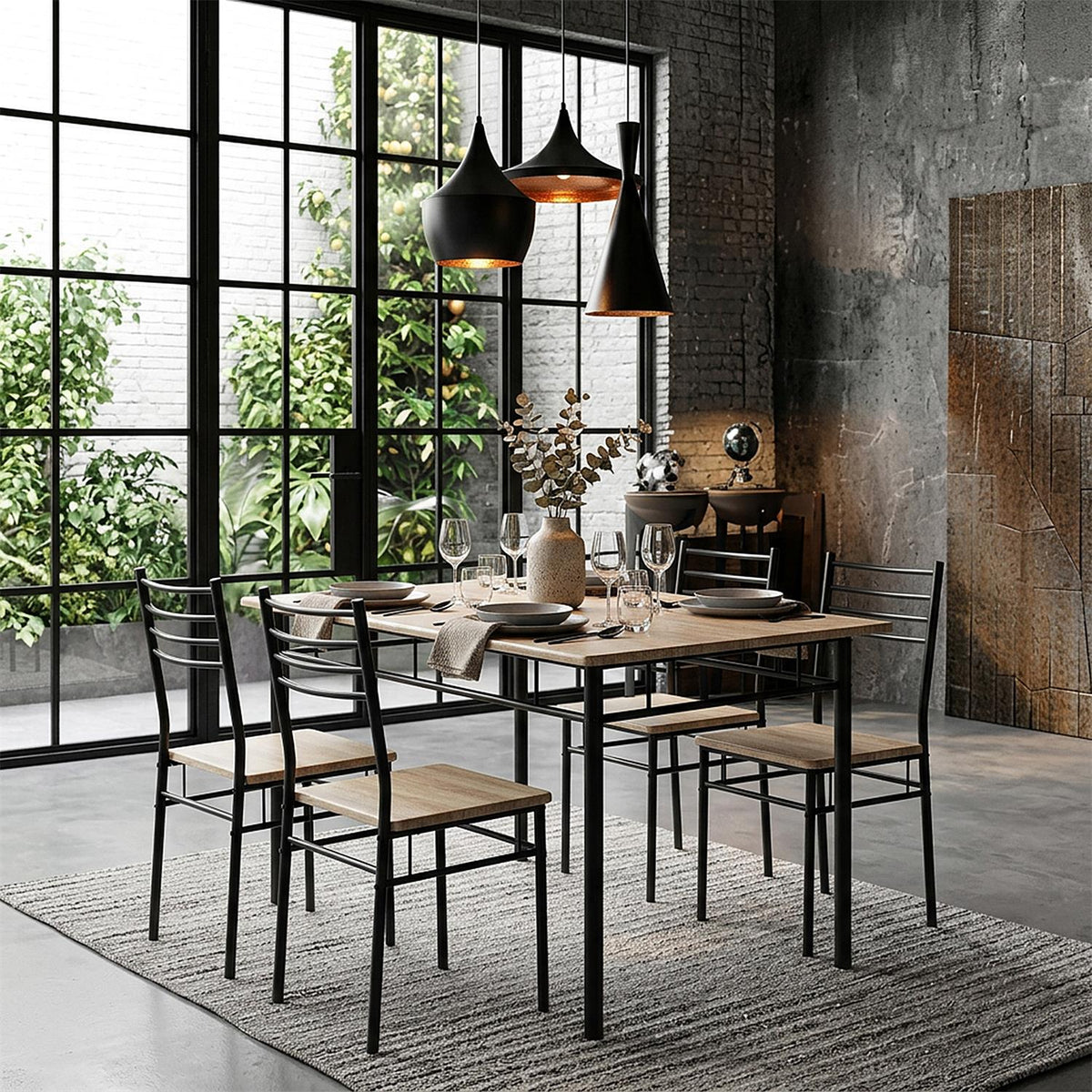 Ensemble table à manger et 4 chaises effet bois et métal noir 110 x 70 cm