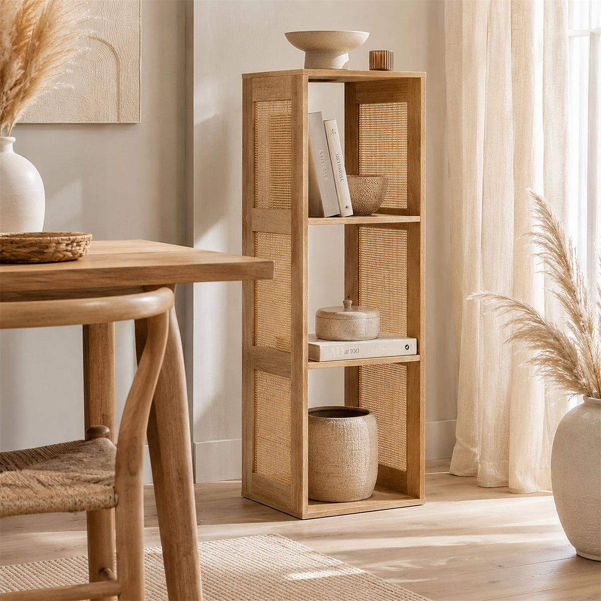 Étagère colonne 3 cases effet bois avec cannage rotin H99 cm
