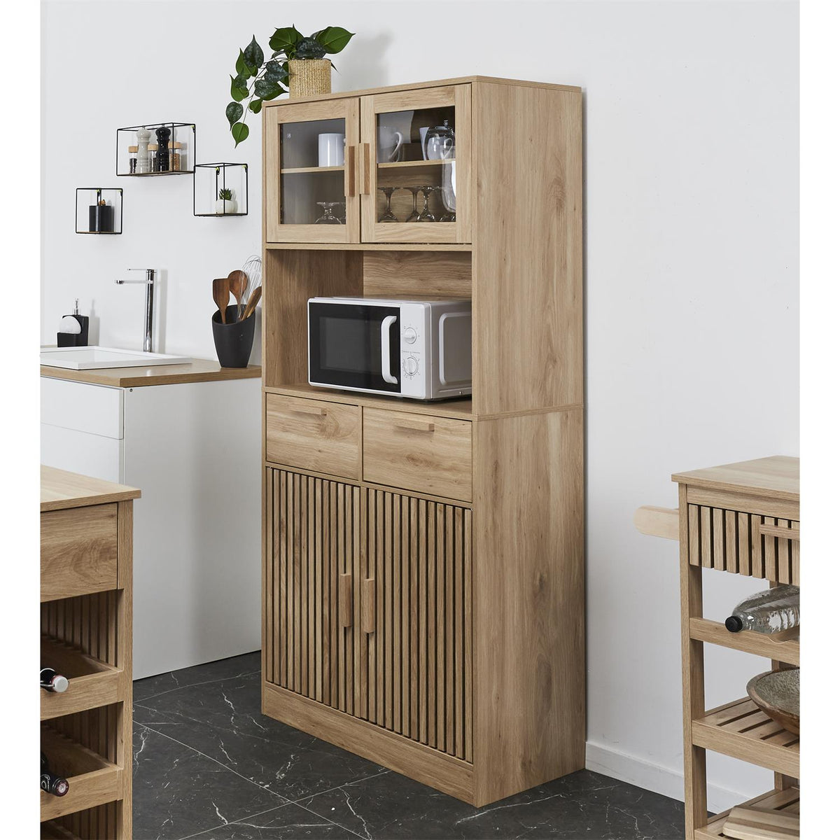 Buffet de cuisine haut effet bois avec vitrine et niche micro-ondes H172