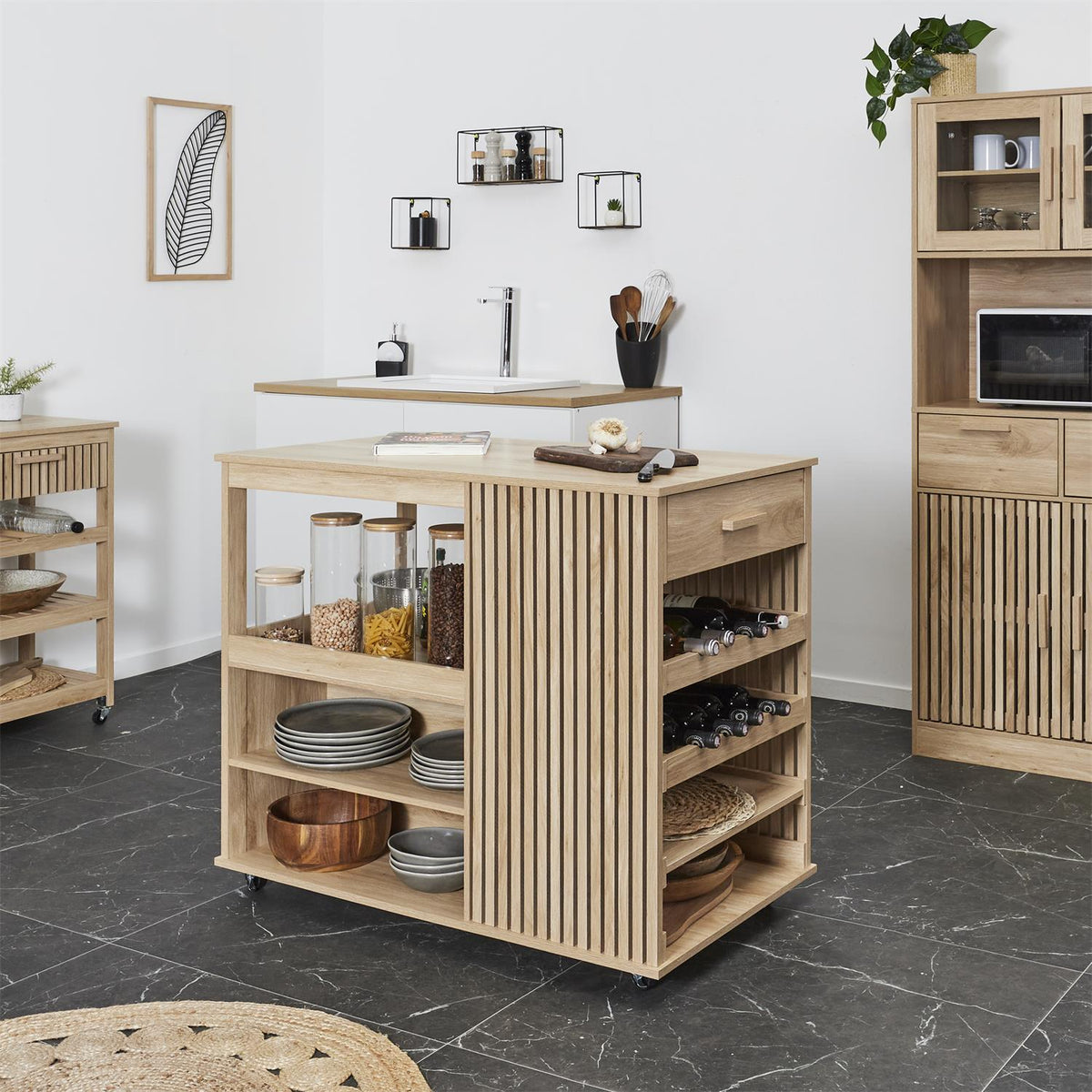 Îlot de cuisine à roulettes effet bois avec rangements L105 x P60 cm