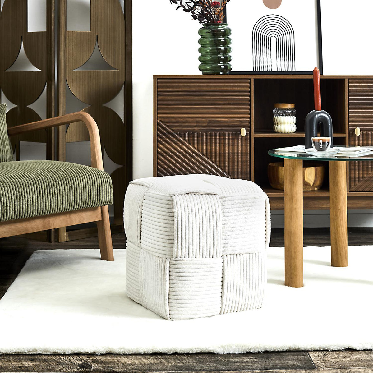 Pouf carré tressé en velours côtelé beige